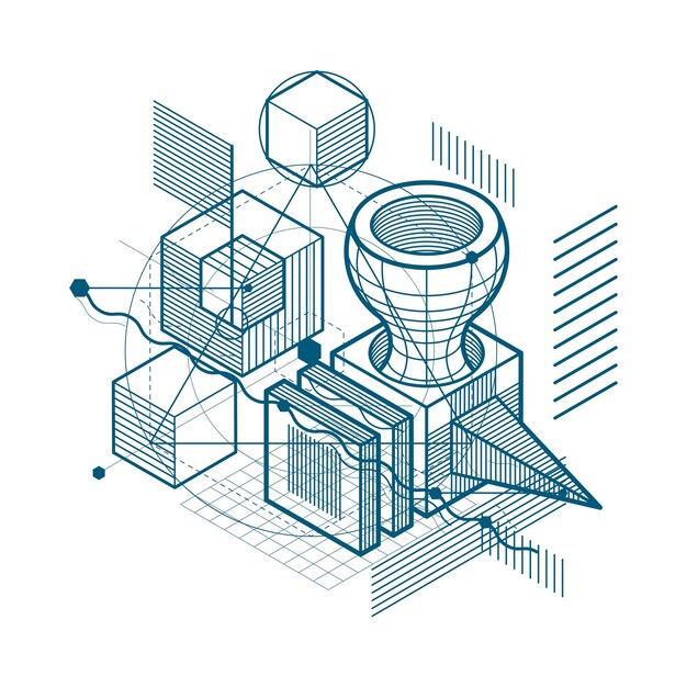 3d abstract vector isometric background. Layout of cubes, hexagons, squares, rectangles and different abstract elements.