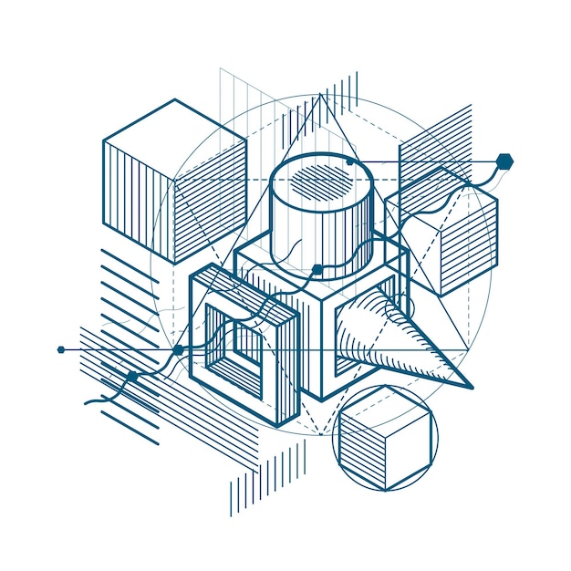 3d abstract vector isometric background. Layout of cubes, hexagons, squares, rectangles and different abstract elements.