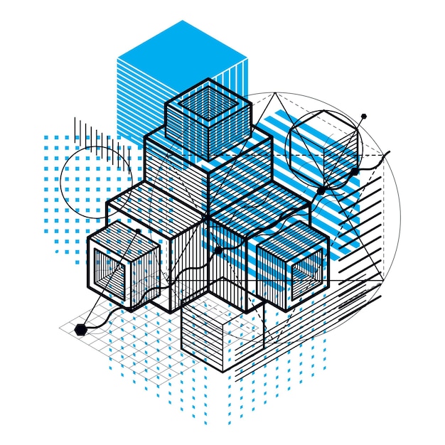 3d abstract vector isometric background. layout of cubes, hexagons, squares, rectangles and different abstract elements.