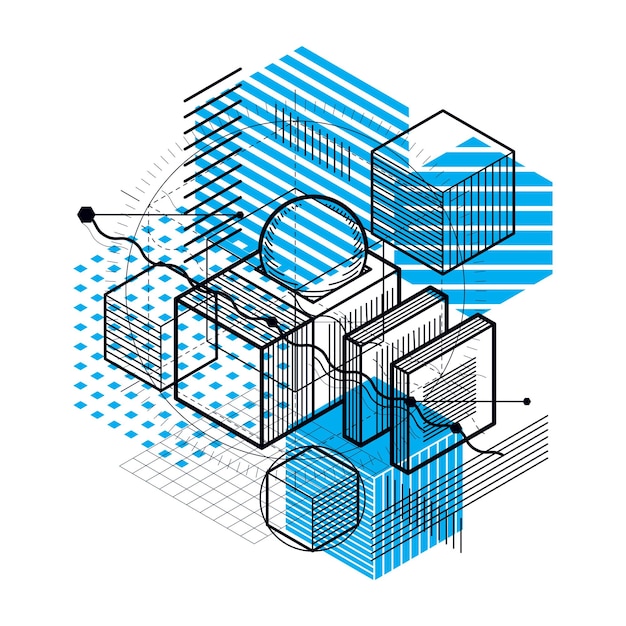 3d abstract vector isometric background. Layout of cubes, hexagons, squares, rectangles and different abstract elements.
