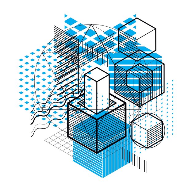 3d abstract vector isometric background. Layout of cubes, hexagons, squares, rectangles and different abstract elements.