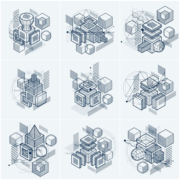 3d abstract vector isometric backgrounds. Layouts of cubes, hexagons, squares, rectangles and different abstract elements. Vector collection.