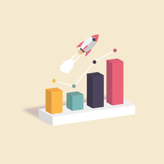 3D Aktiehandelsgraf Voksende strategi diagram Forretningskoncept design med raket Vektor illustration