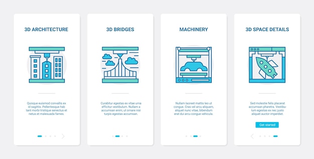 3D arkitektur og maskineri modellering linje design UX mobil app side skærm sæt