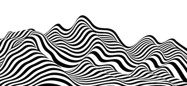 3D black and white lines in perspective abstract vector background, linear perspective terrain pattern op art.