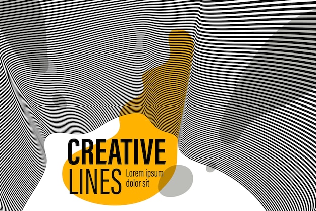 3D black and white lines in perspective with yellow fluid liquid paint splat abstract vector background, linear perspective pattern op art.