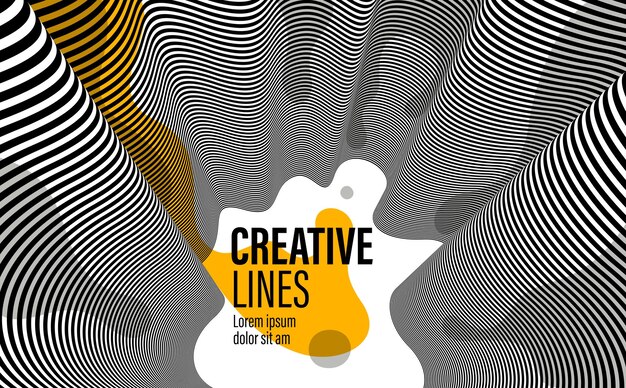 3D black and white lines in perspective with yellow fluid liquid paint splat abstract vector background, linear perspective pattern op art.