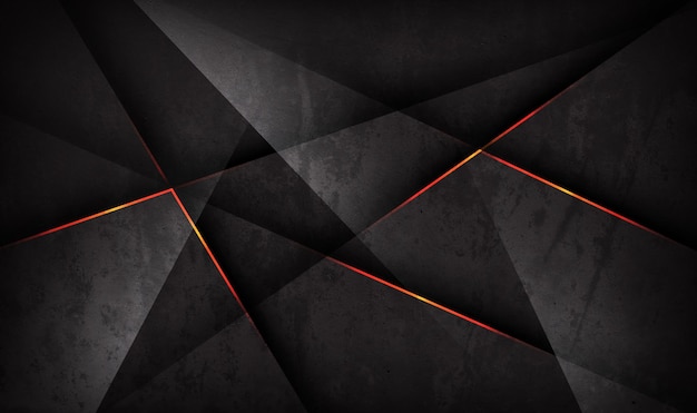 3d black rough grunge techno abstract background overlap layer on dark space with orange line effect