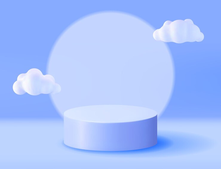 Vektör 3d blue podium with fluffy cloud background