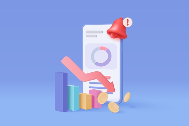 3D bunke af penge mønter og graf med faldende på mobiltelefon Business fiasko koncept 3d penge repræsentation for finans investering 3d trading smartphone ikon vektor gengivelse illustration