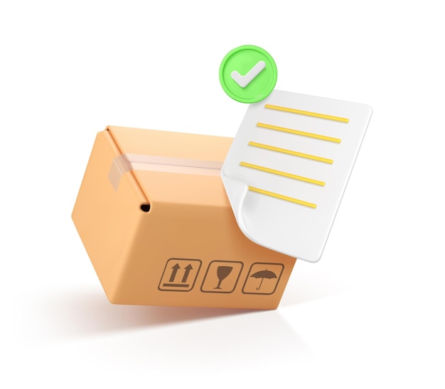 3D cardboard box and confirmed order with tick Confirmed order delivery concept Shipment checklist Delivery of order in cardboard box Fast delivery concept Mail by courier Vector 3d illustration