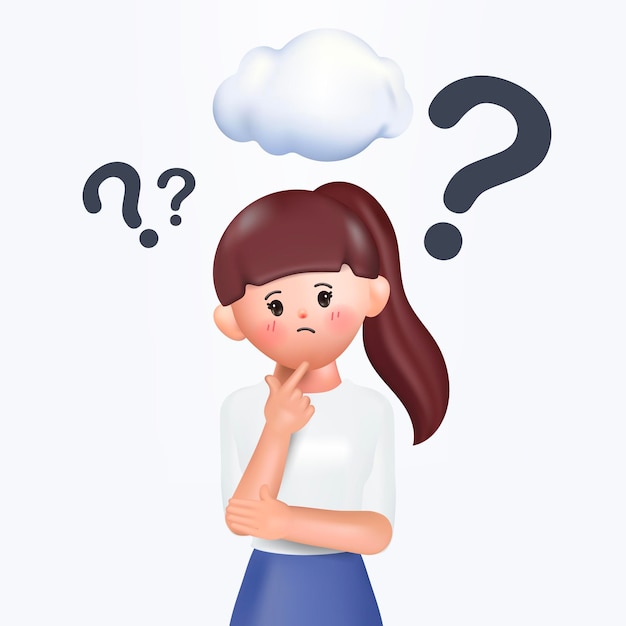 3D cartoon character Young woman standing and question mark thinking doubt concept