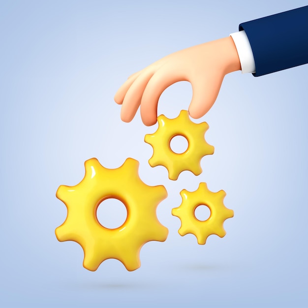 3d cartoon hand holding gear sign professional tool icon renovation service concept vector 3d illustration