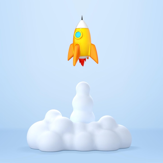 3d cartoon rocket launch on blue background business startup concept space shuttle for startup business concept vector 3d illustration