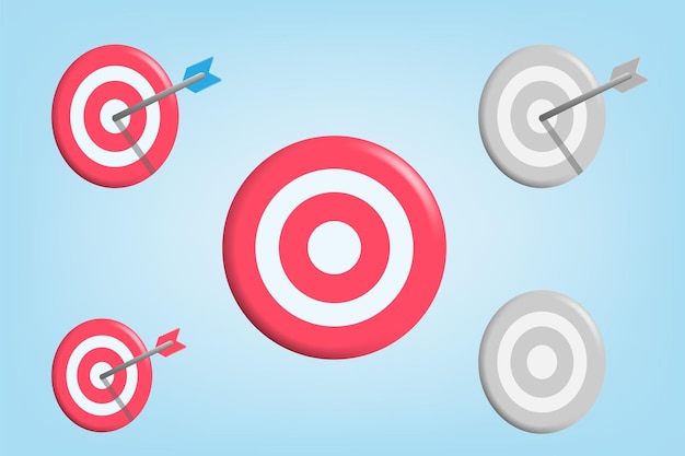 3d cartoon style of dartboard arrow landing on center target in red and grey color.
