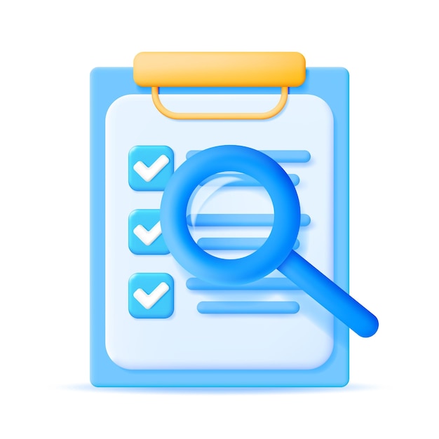 3D Checklist on Clipboard with Magnifying Glass