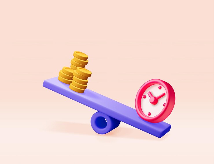 Vektör 3d clock and money on balance scales isolated