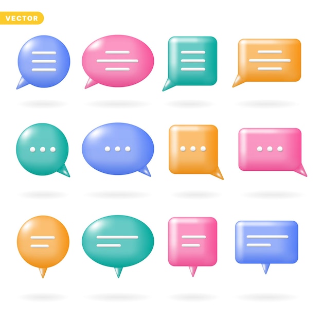 3D Color Speech Bubble Balloon Element Round Oval Square Rectangle Icon Set Vector Illustration
