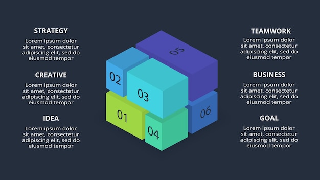 3d concept for infographic with 6 steps options parts or processes template for web on a black background