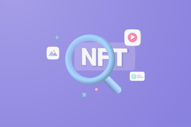 3d Concept of media file management Searching image and video files in NFT database Document management soft document flow app compound docs concept 3d vector rendering magnifying NFT