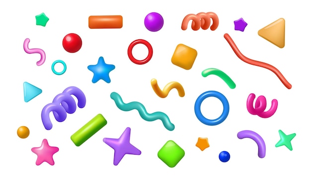 3d confetti glossy geometrical isolated on white elements birthday party colorful icons celebrate firecracker render festive ribbons and fun stars minimal shapes vector render set