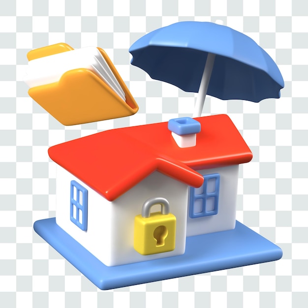 3D cottage with lock folder with documents umbrella Protection of real estate transaction