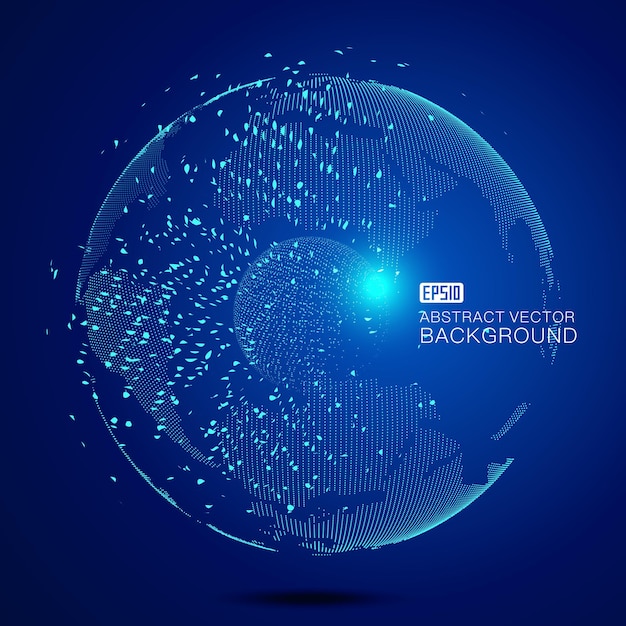 3d digital earth sphere with exploding debris particles world web technology vector background