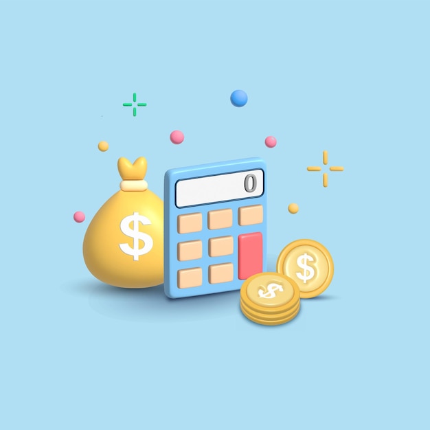 3D finance concept with money coin money bag and calculator vector icon set