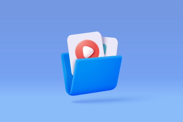 3d folder and paper for management multimedia file document efficient work on project plan concept Image and video document minimal folder icon 3d vector picture render on isolated blue background