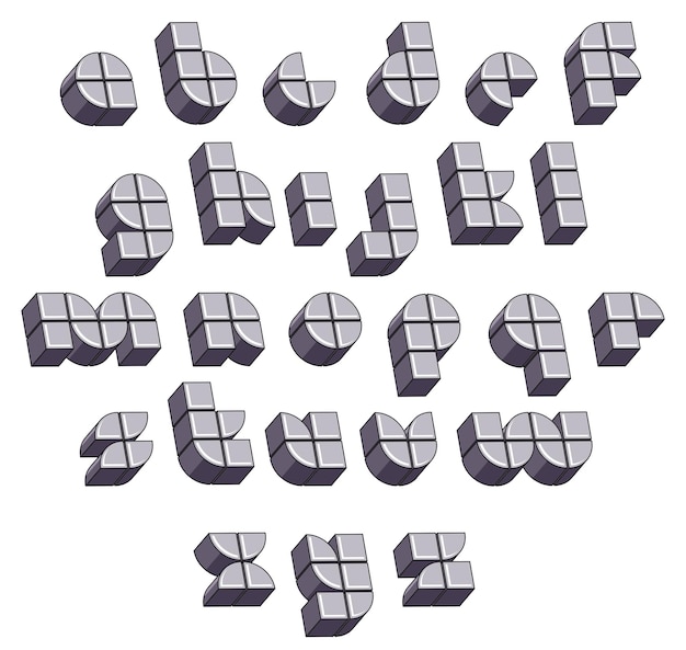 3d futuristic round font made with blocks, monochrome dimensional alphabet, geometric letters for design.