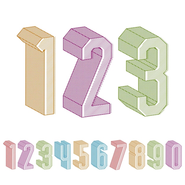 3d geometric numbers set with lines textures colorful numerals for advertising and web design