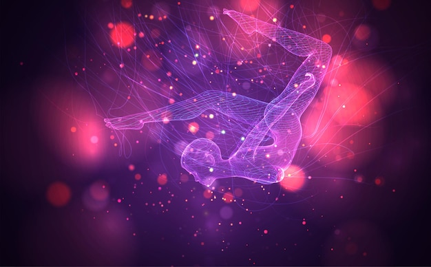3d girl from dots and splines, among wavy threads and circles on neon purple
