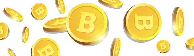 3d Golden Bitcoins Flying Over White Background Coins With Cryptocurrency Sign Horizontal Banner
