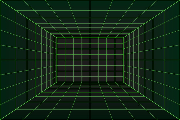 3d Grid perspective room in matrix technology style. Virtual reality tunnel or wormhole. Abstract  binary computer code background