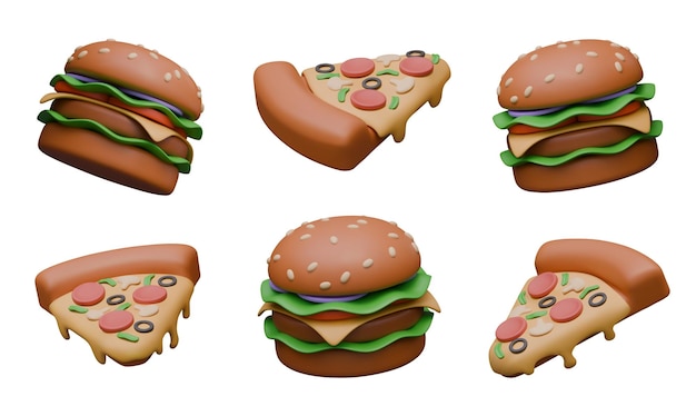 3D hamburger and slice of pizza in cartoon style Set of vector colored objects