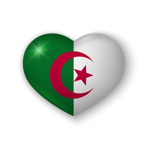 3d heart with flag of Algeria Glossy realistic vector element on white background with shadow