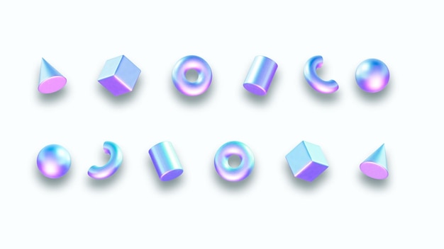 3d holographic geometric shapes isolated Render of 3d neon iridescent geometric shapes