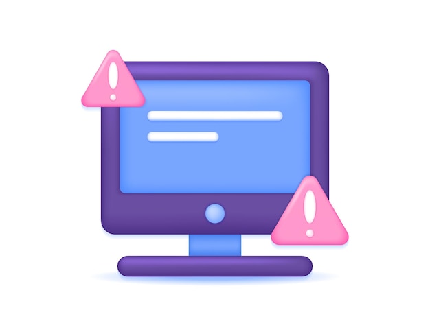3d illustration of computer monitor with warning sign or system error or crash concept