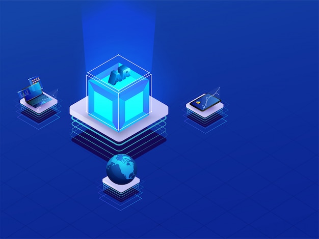 3D isometric AR cube connected with laptop, tablet and globe on