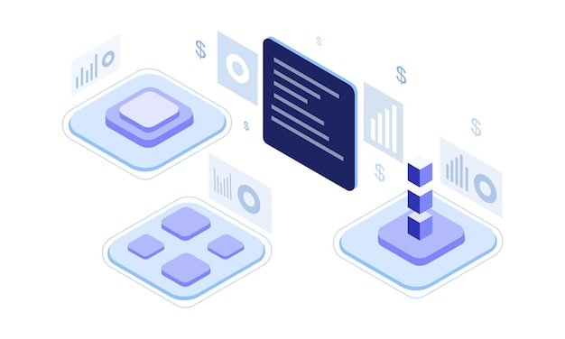 3d isometric flat business analysis data and finance review with infographic elements vector design