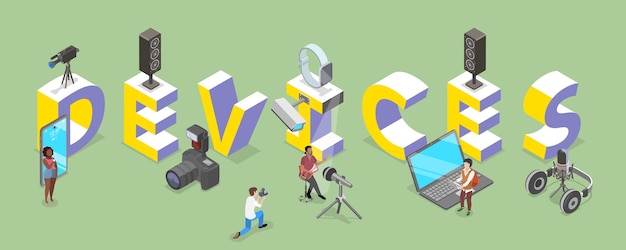 3d isometric flat vector illustration of devices and technologies text with various gadgets and
