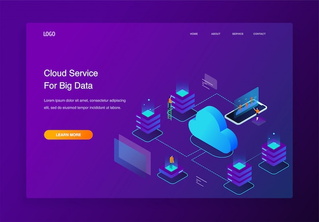 3d isometric illustration people interacting with cloud computing services, landing page