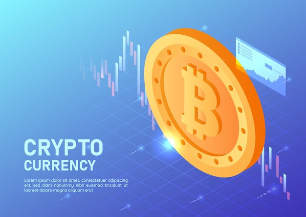 3d Isometric Web Banner Golden Bitcoin with Virtual Stock Market Graph. Cryptocurrency Concept.