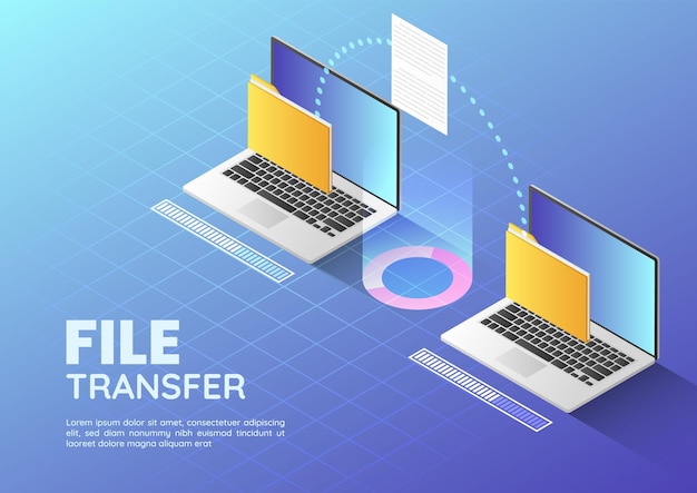 3d Isometric web banner Two Laptop Transfer Files and Organize Folder. File Sharing and Document Management Concept Llanding Page.