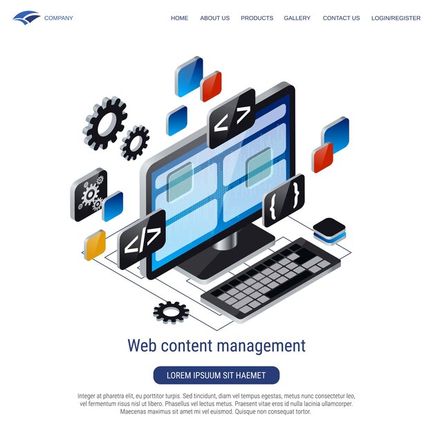 3D isometrisk vektor konceptillustration af web content management
