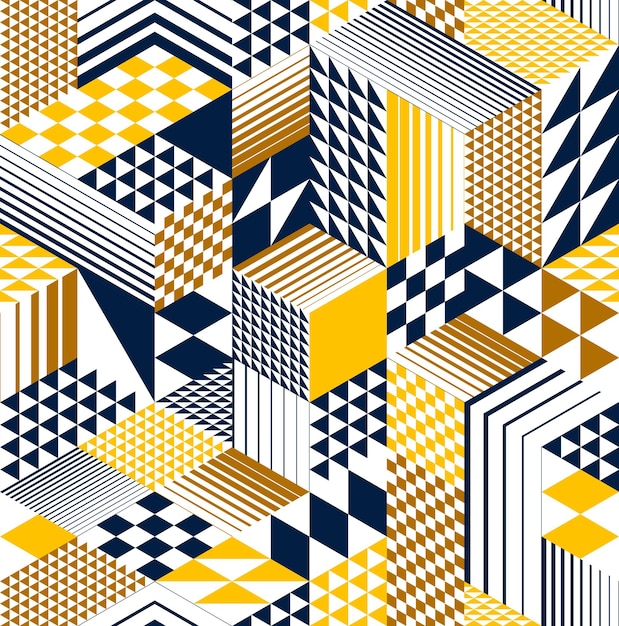 3D-kuber sömlöst mönster vektorbaserad bakgrund, romb- och triangelformade dimensionella block, arkitektur och konstruktion, geometrisk design.