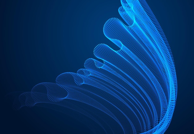 3d magic particles mesh array over dark, sound wave flowing, transparent tulle textile on wind. Round points vector effect illustration. Blended mesh, calming relaxing wallpaper.