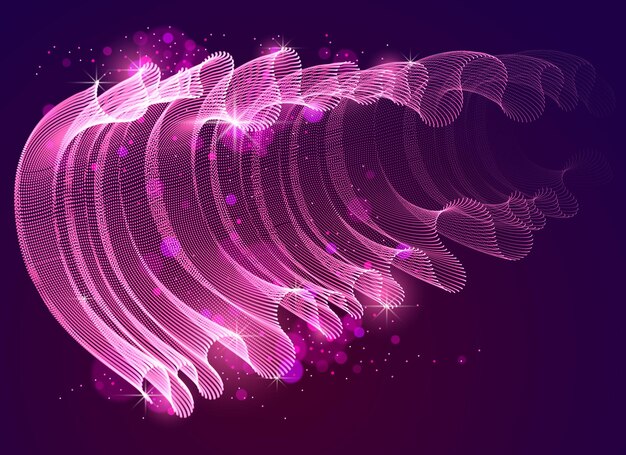 3d magic particles mesh array over dark, transparent tulle textile on wind flowing. Round points vector effect illustration. Blended mesh, 3d calming tranquil wallpaper.