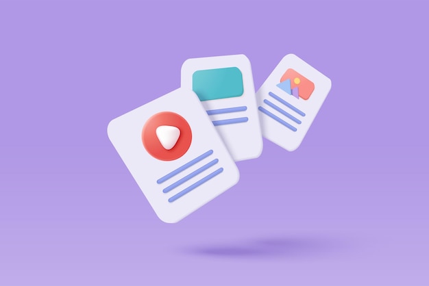 3D media data with video and photo gallery library Searching image and video files in database Document management soft document form compound docs concept 3d file icon vector render illustration