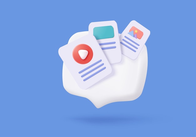 3D media data with video and photo gallery library Searching image and video files in database Document management soft document form compound docs concept 3d file icon vector render illustration